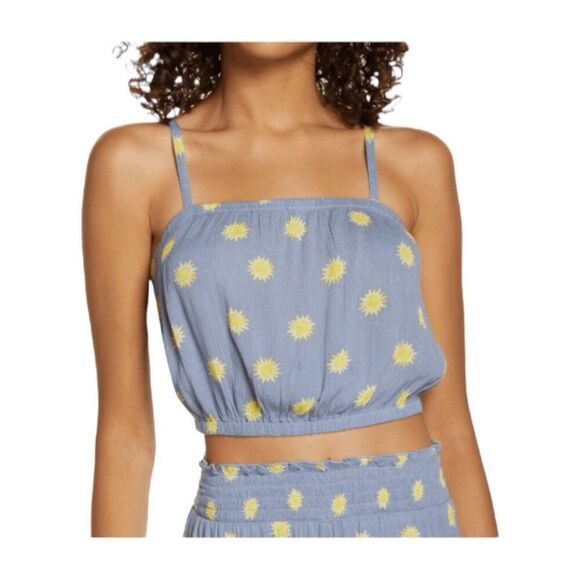 BP Summer Breeze Sun Print Top Blue Yellow Chambray Cropped Halter M - Picture 1 of 7